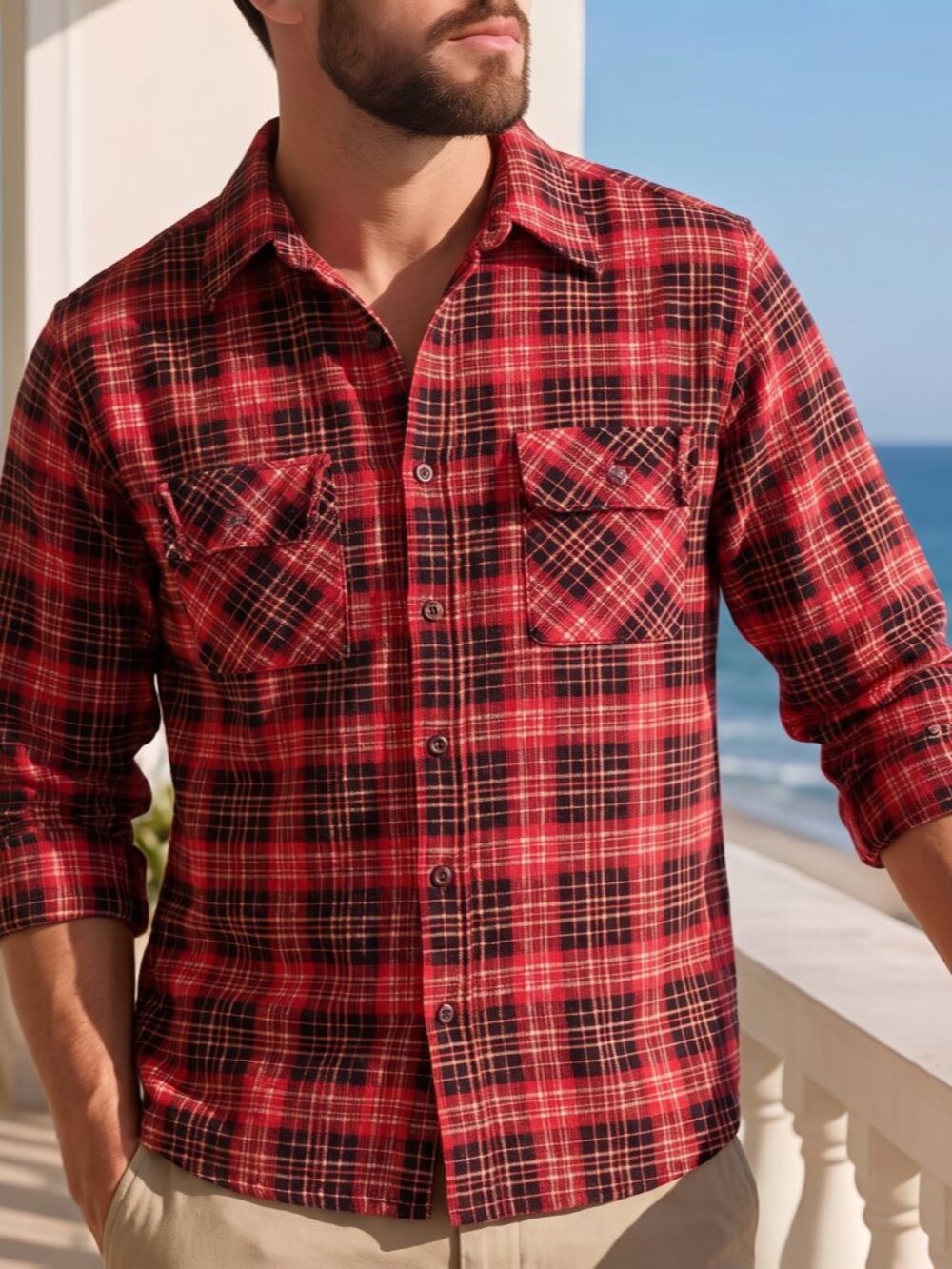 ❤️Vintage 1950's Mark Twain Shirt Printed Corduroy Red Plaid Camp Loop Collar
